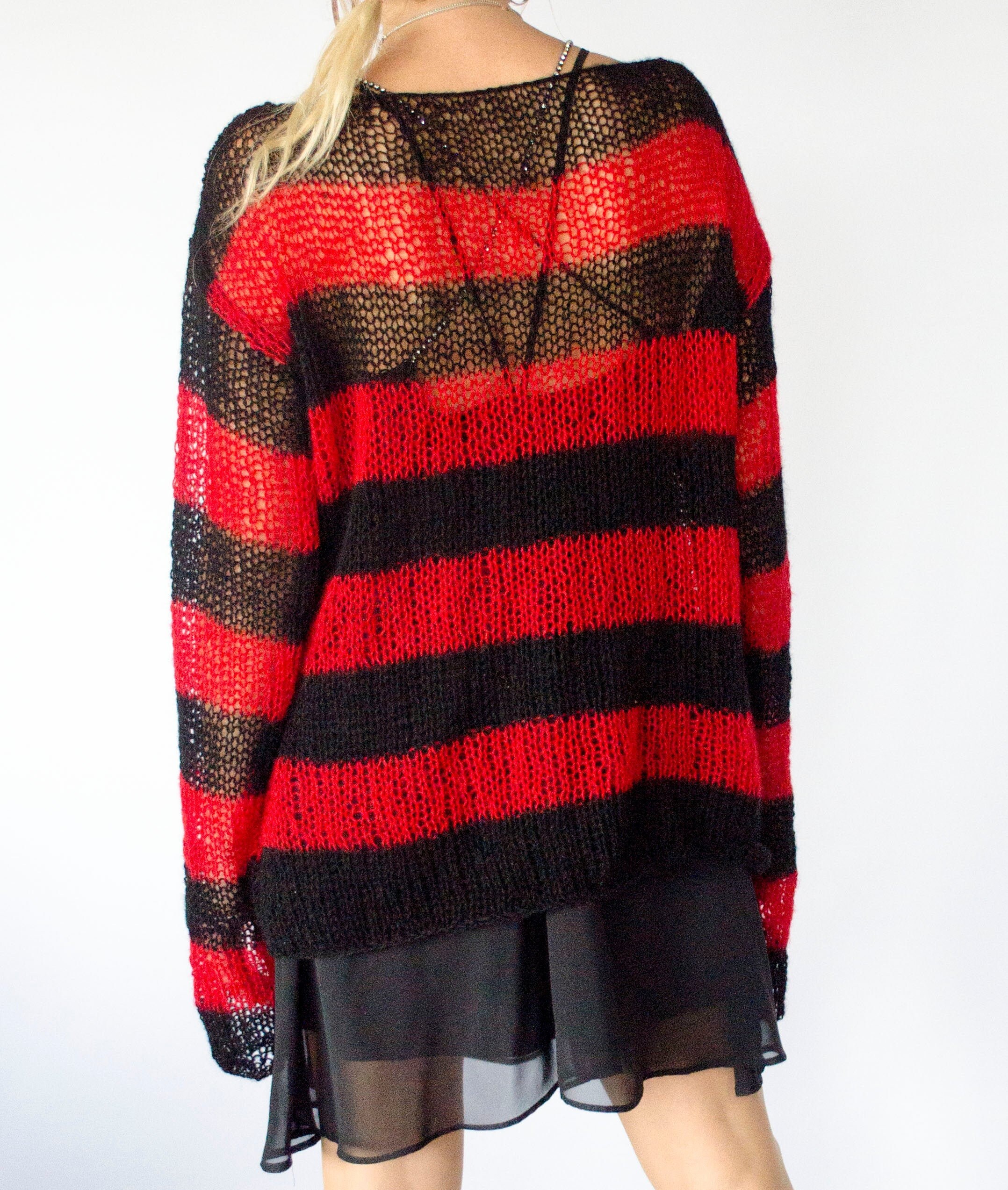 Red and Black Striped Jumper, Punk Mohair Sweater in 90s Grunge Style, Loose Sheer Mohair Sweater, Hand Knit Sweater Unisex by myAqua