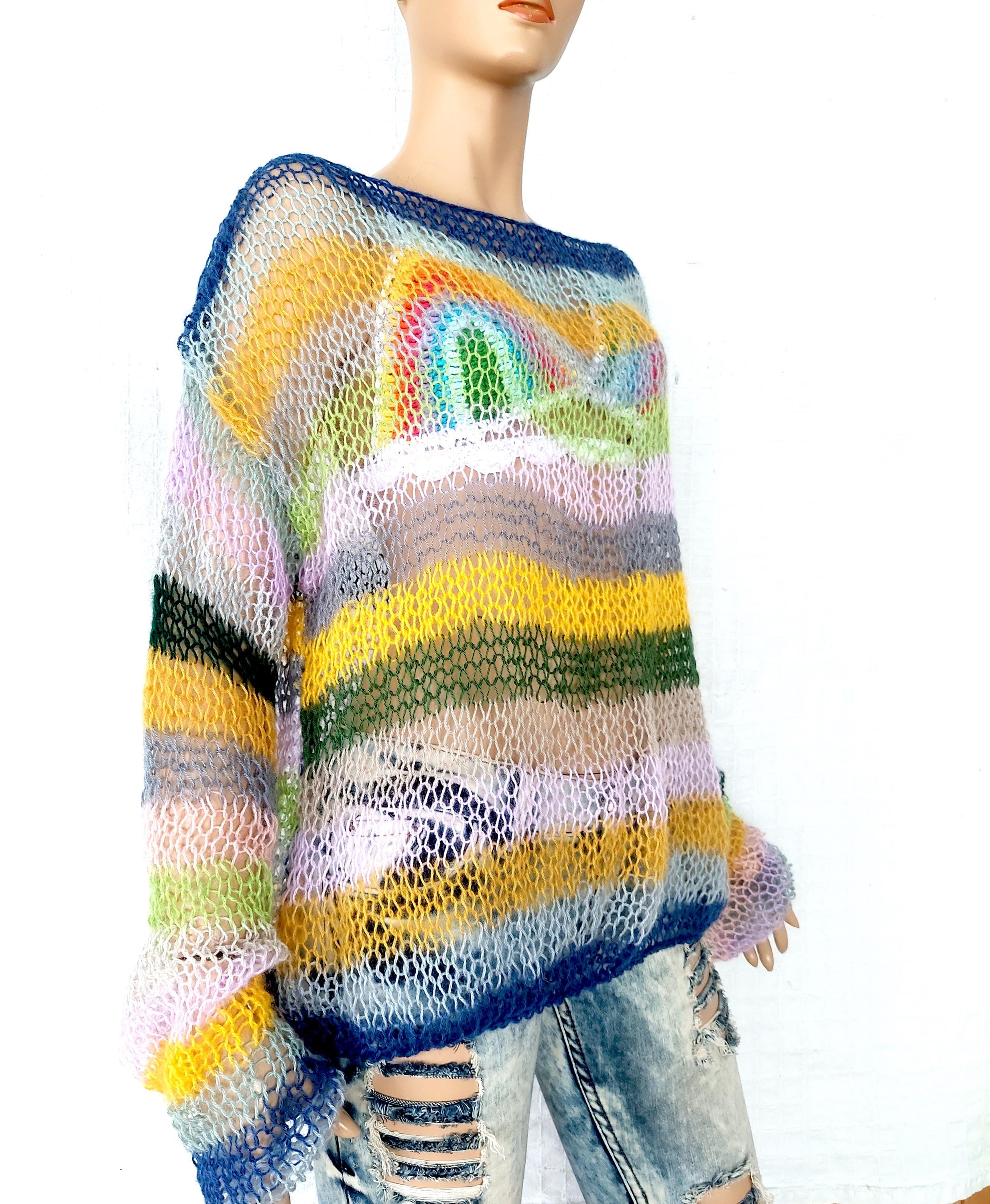 Grunge Mohair Sweater, Striped Knit Top, Sheer Distressed