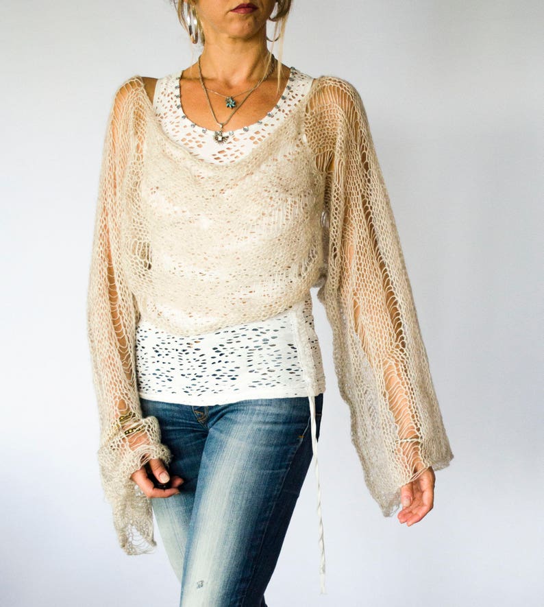 Boho Beige Cropped Sweater Loose Knit Mohair Shrug with Large Bell Sleeves Sheer Mohair Sweater Stylish See Through Knitwear by myAqua image 2