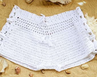 Crochet Beach Shorts, Lace Summer Pool Side Shorts, White Booty Shorts, Feminine Festival Low Waisted Shorts with floral granny side panel
