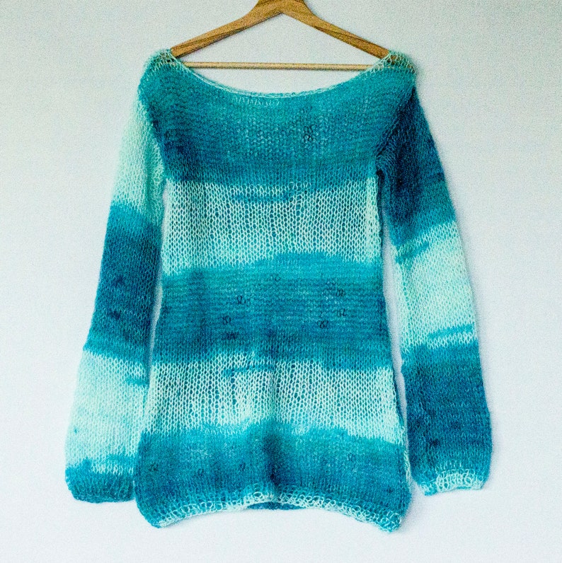 Blue Angora Mohair Sweater, Lightweight Sweater, Aqua Blue Knit Top, Long Sleeve Wool Jumper, Bohemian Clothing, Delicate Sheer and Soft image 6