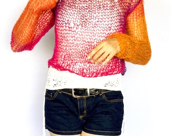 Purple Sweater, See Through Boho Mesh Top, Extra Long Sleeve Sheer Jumper, Mohair Sweater, Rainbow Colors Purple Red Orange Blue by myAqua