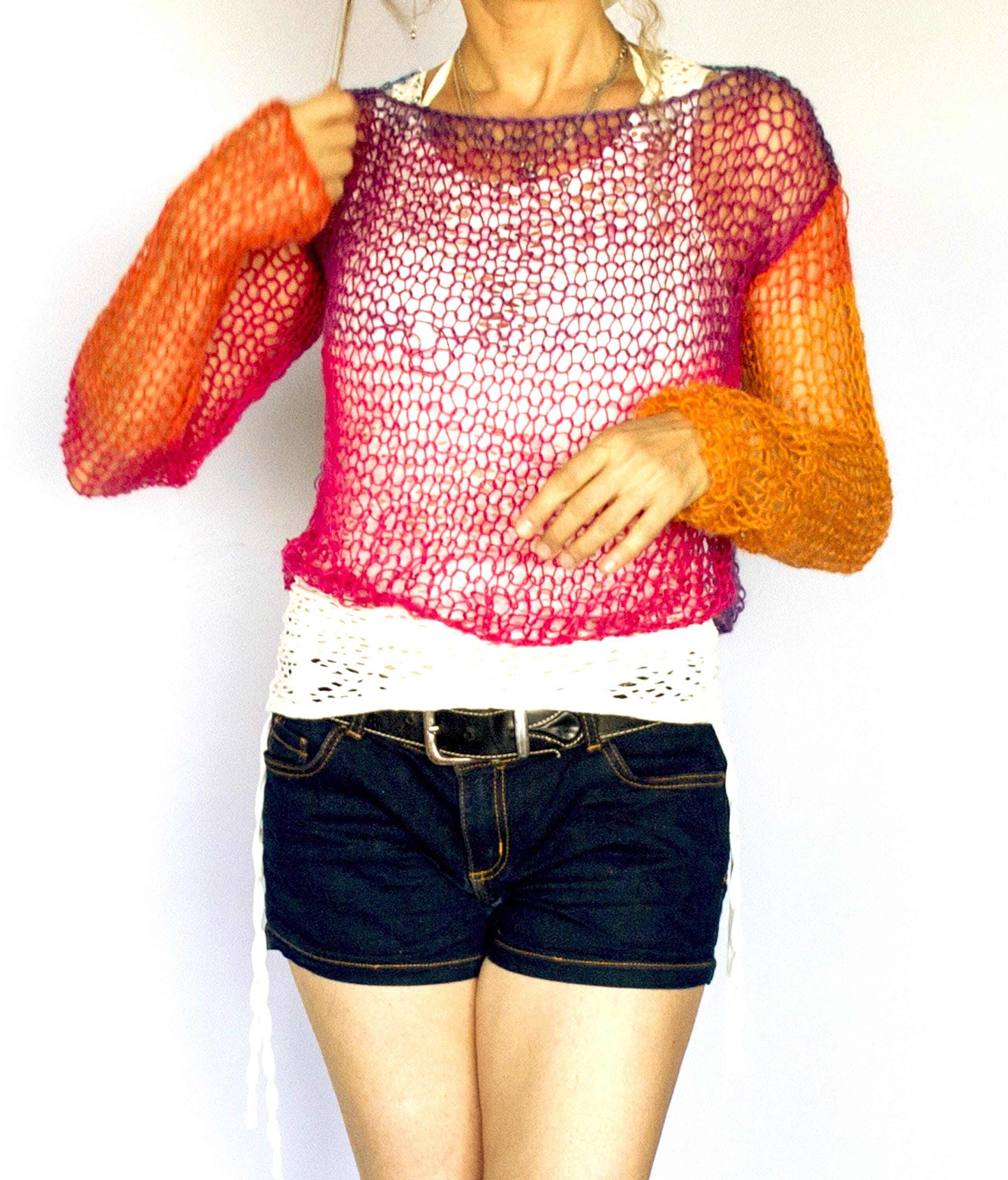 【U LAN】Bohemian see-through knitwear Purple Sweater, See Through Boho Mesh Top, Extra Long Sleeve