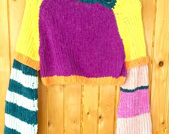Colorful Cropped Cozy Velvet Sweater with Striped Sleeves, Hand Knit Soft Sweater, Kawaii Clothing by myAqua