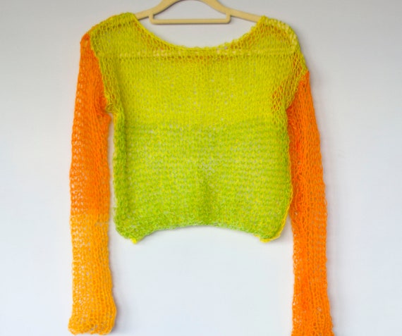 Mohair Sweater Orange Yellow Green Fishnet Top Long Sleeve - Etsy