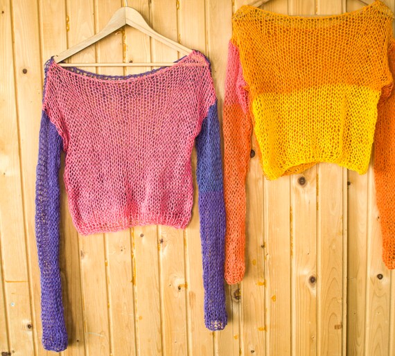 Hand Knit Mohair Sweater Purple Mohair Top See Through Crop - Etsy
