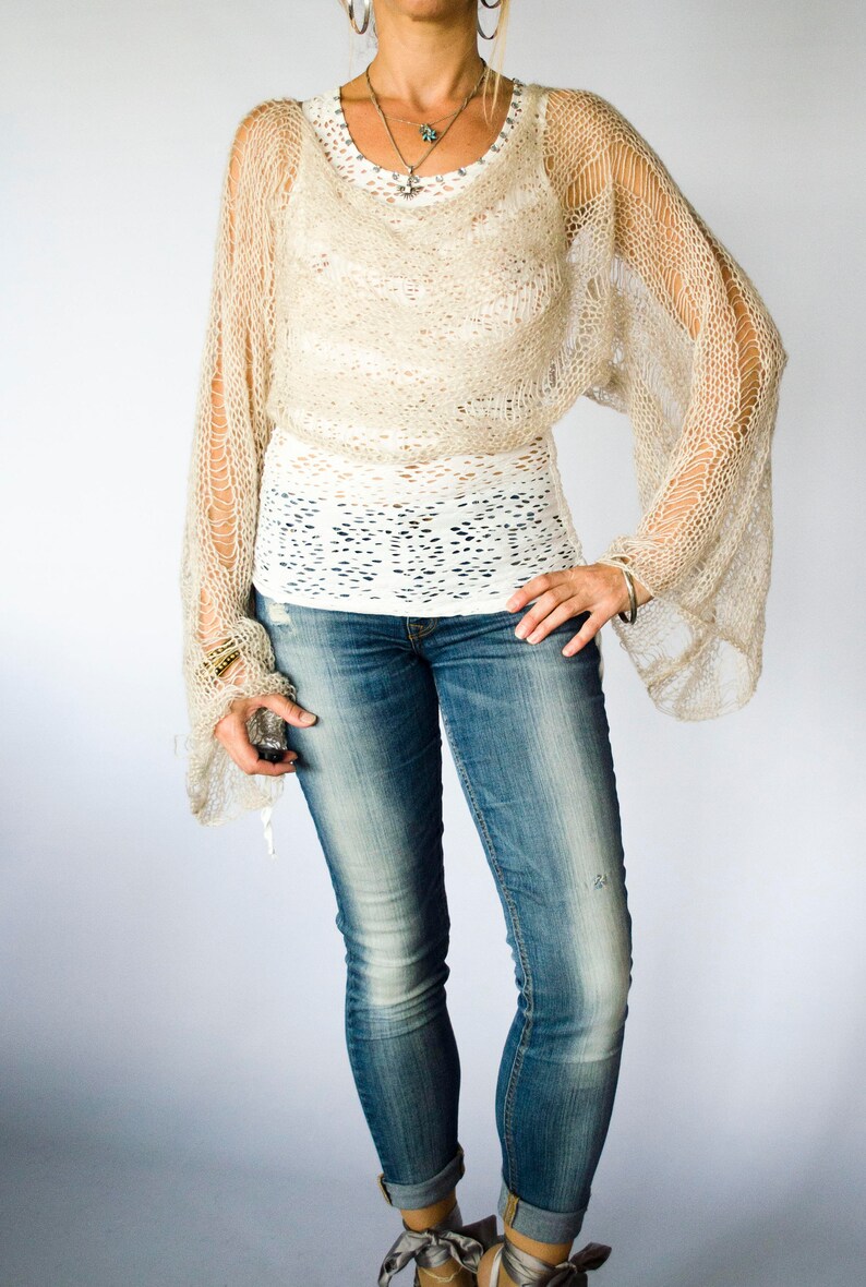 Boho Beige Cropped Sweater Loose Knit Mohair Shrug with Large Bell Sleeves Sheer Mohair Sweater Stylish See Through Knitwear by myAqua image 5