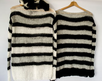 Striped Mohair Sweater with Extra Long Sleeves,  Black Gray White See Through Loose Knit Sweater for Grunge Fairycore Clothing by myAqua