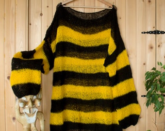 Oversized Goth Sweater, Unisex Grunge Sweater, See Through Mohair Jumper,Striped Sweater, Women's 80s Clothing, Yellow & Black by myAqua