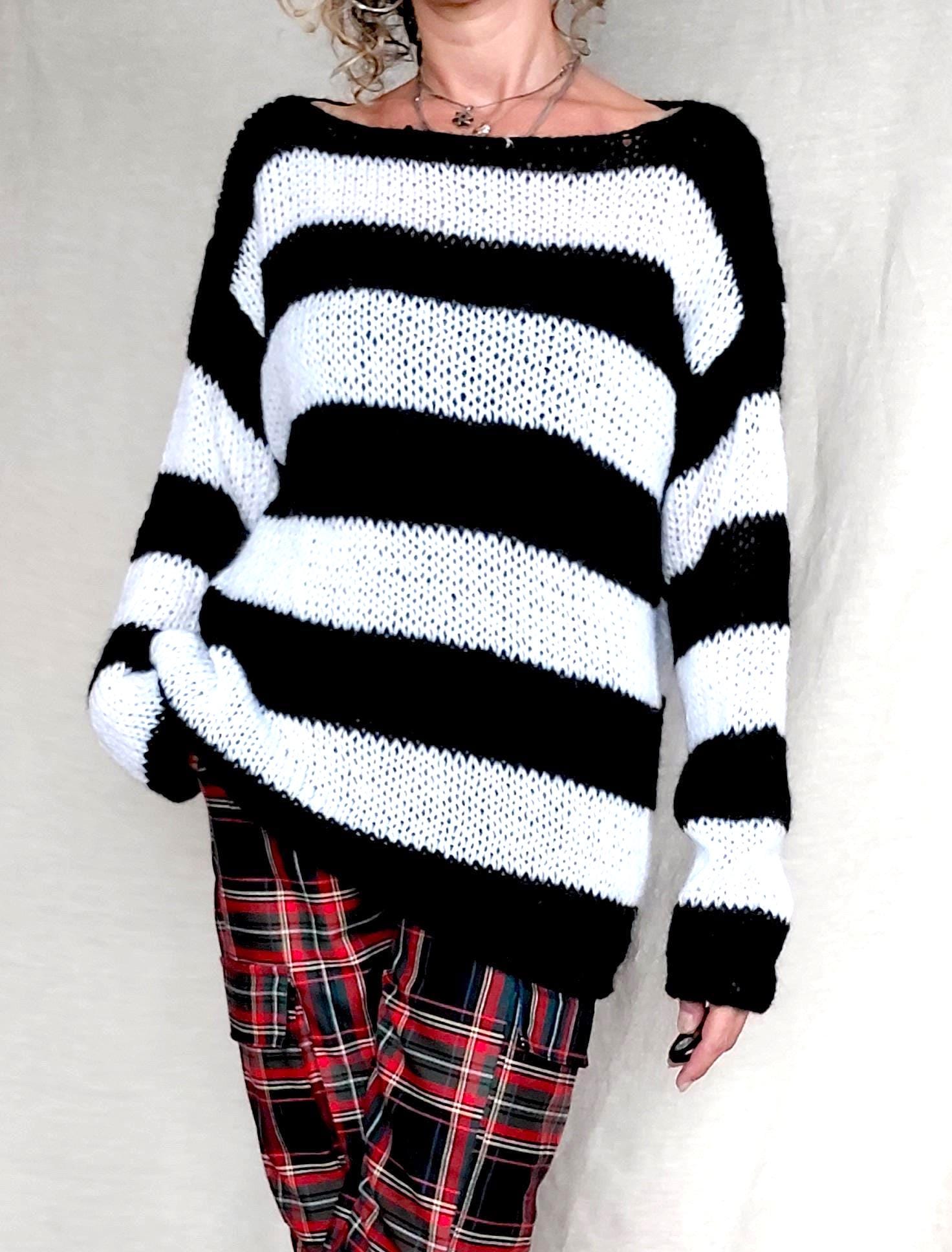 Grunge Black White Striped Mohair Knit Sweater, Handmade