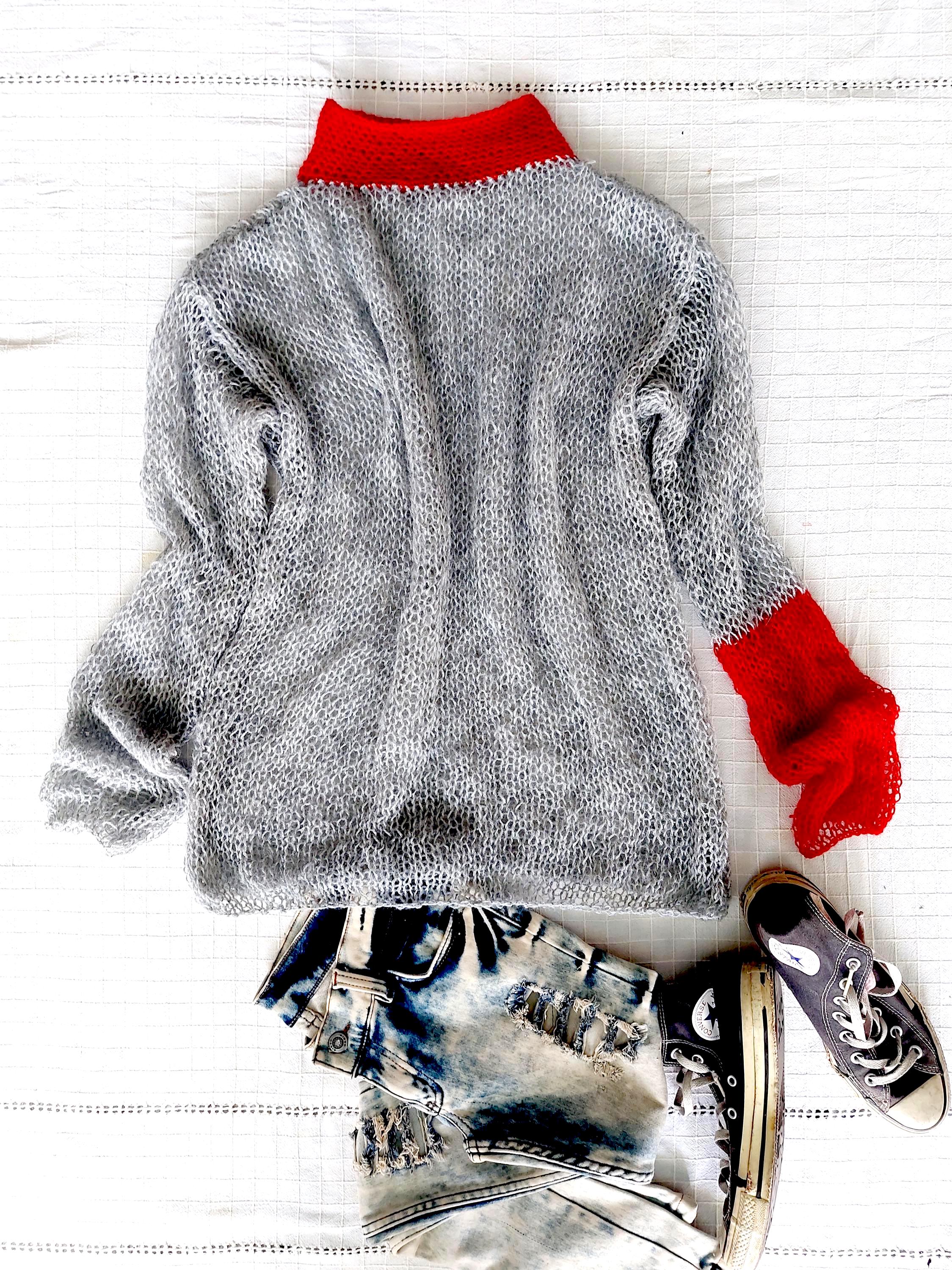 Grunge Mohair Sweater, Red & Gray See-through Knitwear, 80s
