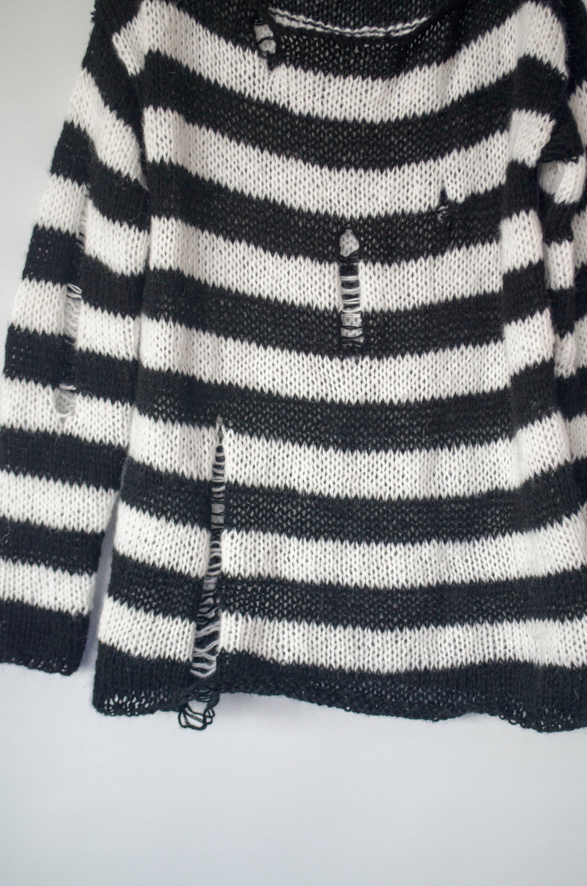 Black and White Colorblock Striped Distressed Ripped Sweater 