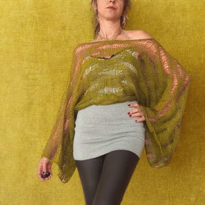 Handknit Moss Green Mohair Shrug Poncho, Open-Stitch Cropped Knit Top