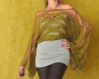 Green Mohair Shrug Sweater, Mossy Goblincore Poncho, Forestcore Witchy Cropped Knit Top, Earthtones Mystical Jumper