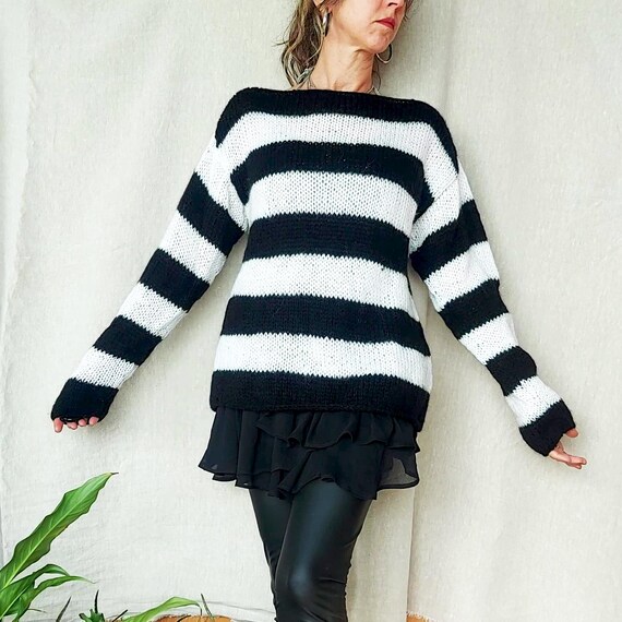 90s Striped Grunge Sweater, Black and White Baggy Sweater, Slouchy Mohair  Jumper, Unisex Grunge Clothing, Shredded Striped Jumper by Myaqua - Etsy