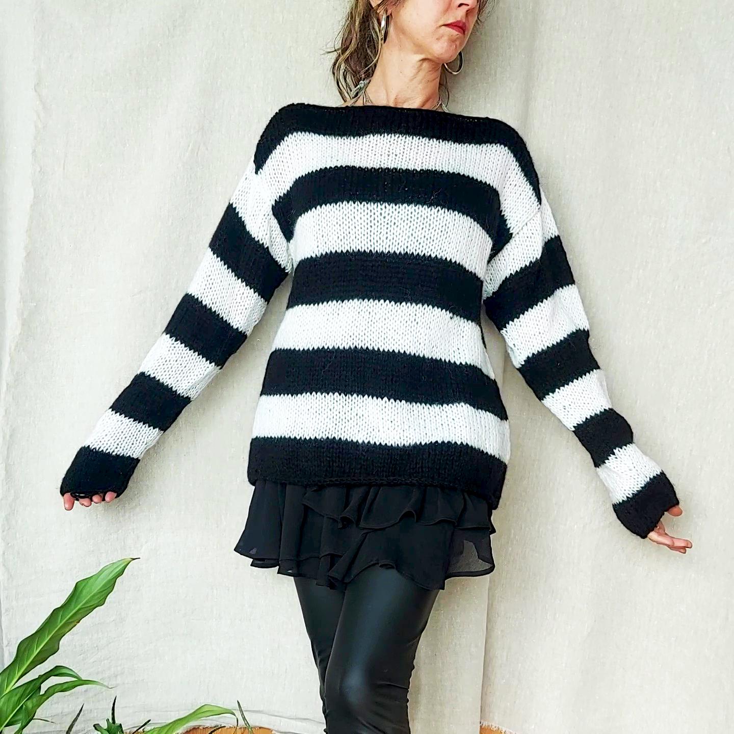 90s Striped Grunge Sweater, Black and White Baggy Sweater, Slouchy 