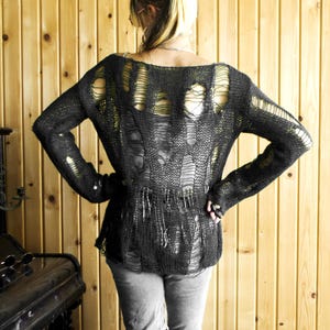 Black Destroyed Knit Sweater, Hand Knit Ripped Grunge Pullover, Punk Mall Goth Top, Dark Alt Distressed Knit, Concert Outfit Gift for Her image 11