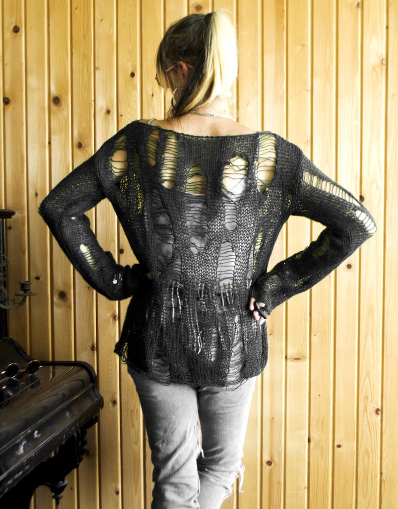 Black Destroyed Knit Sweater, Hand Knit Ripped Grunge Pullover, Punk Mall Goth Top, Dark Alt Distressed Knit, Concert Outfit Gift for Her image 11
