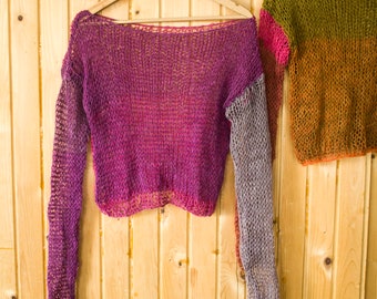 Purple Mohair Sweater, See through Fishnet Crop Top, Earthly Colors Boho Mohair Sweater, Fuschia, Mustard, Green Sheer Mohair Top, by myAqua