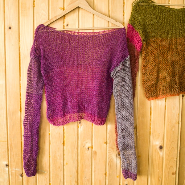 Purple Mohair Sweater, See through Fishnet Crop Top, Earthly Colors Boho Mohair Sweater, Fuschia, Mustard, Green Sheer Mohair Top, by myAqua