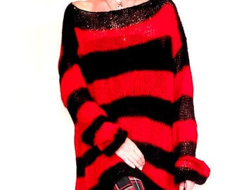 Red and Black Striped Baggy Sweater, 90s Grunge Clothing, Loose