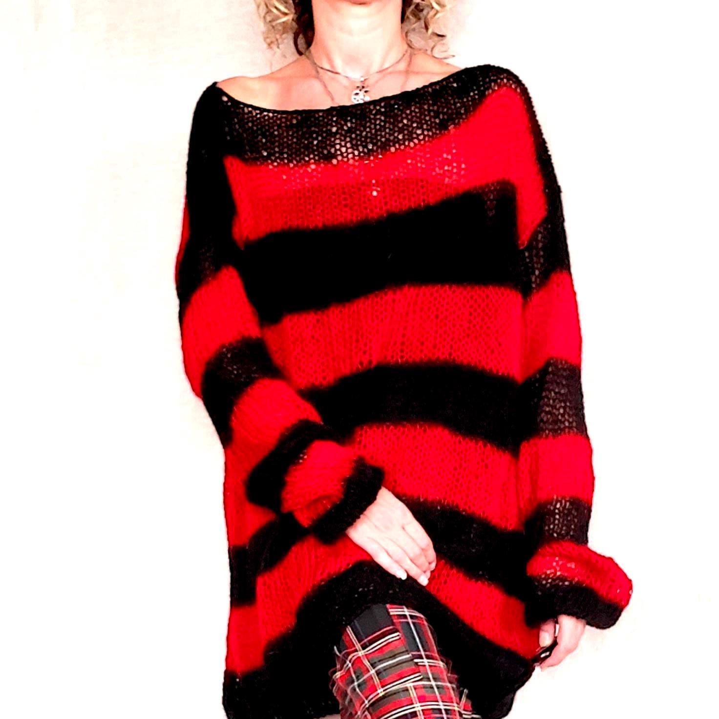 Red and Black Striped Baggy Sweater, 90s Grunge Clothing
