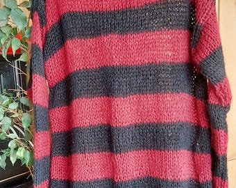 Striped Sweater, Punk Mohair Jumper, Burgundy and Black