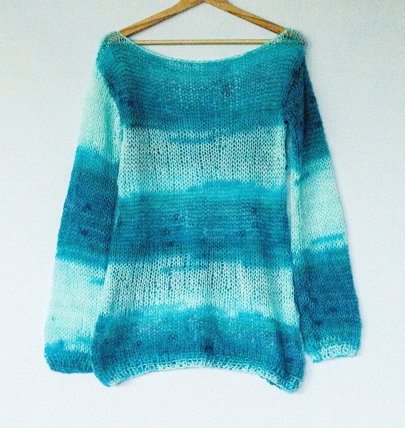 blue angora mohair sweater, loose knit, handknit, delicate, seethrough, long sleeve mohair jumper