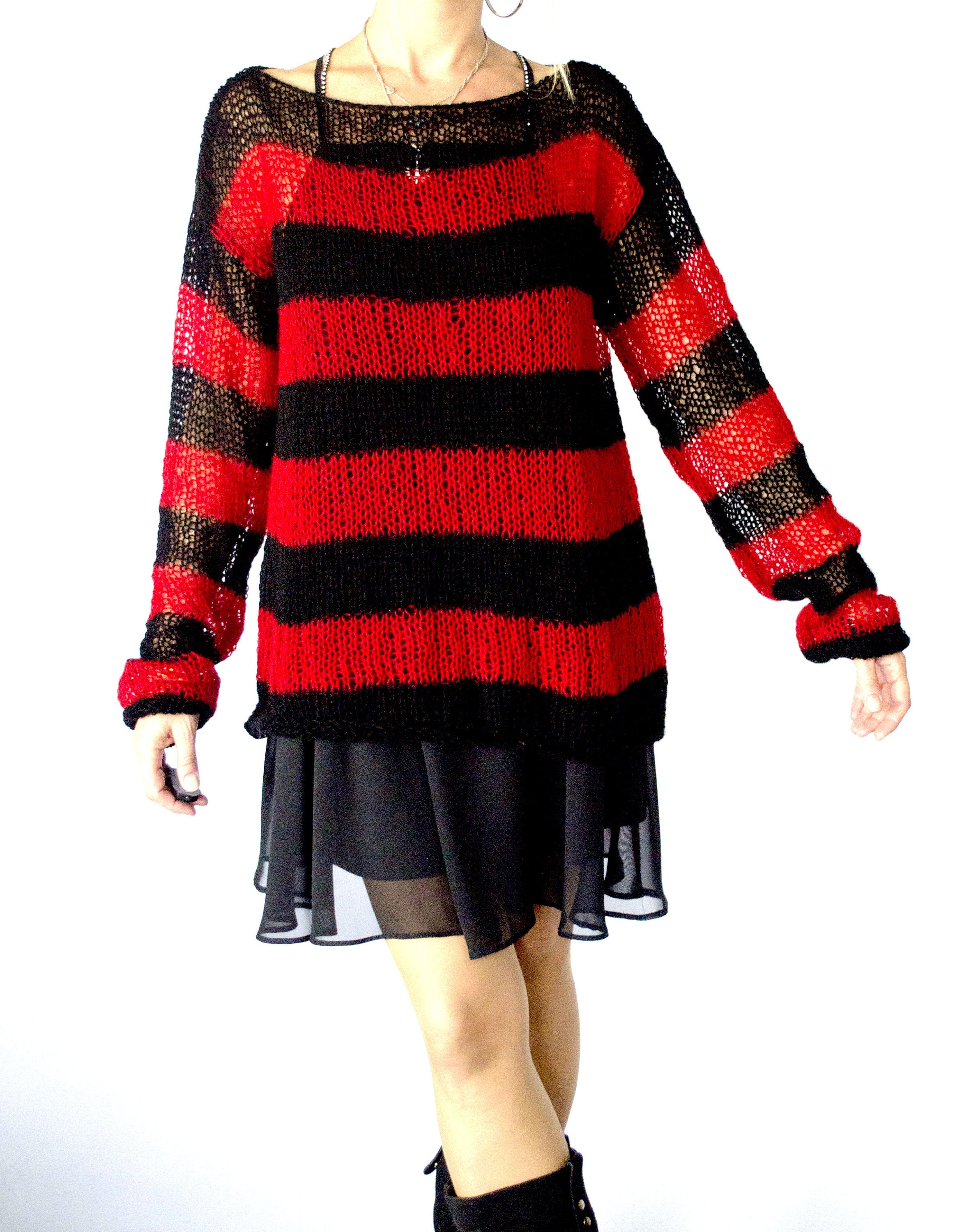 Red Black Striped Oversized Mohair Sweater Unisex Knitwear - Etsy
