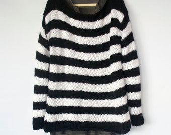 Black and White Striped Sweater - Baggy Mohair Jumper - Gender Neutral Clothing - Shredded Style, Retro Grunge Fashion by myAqua