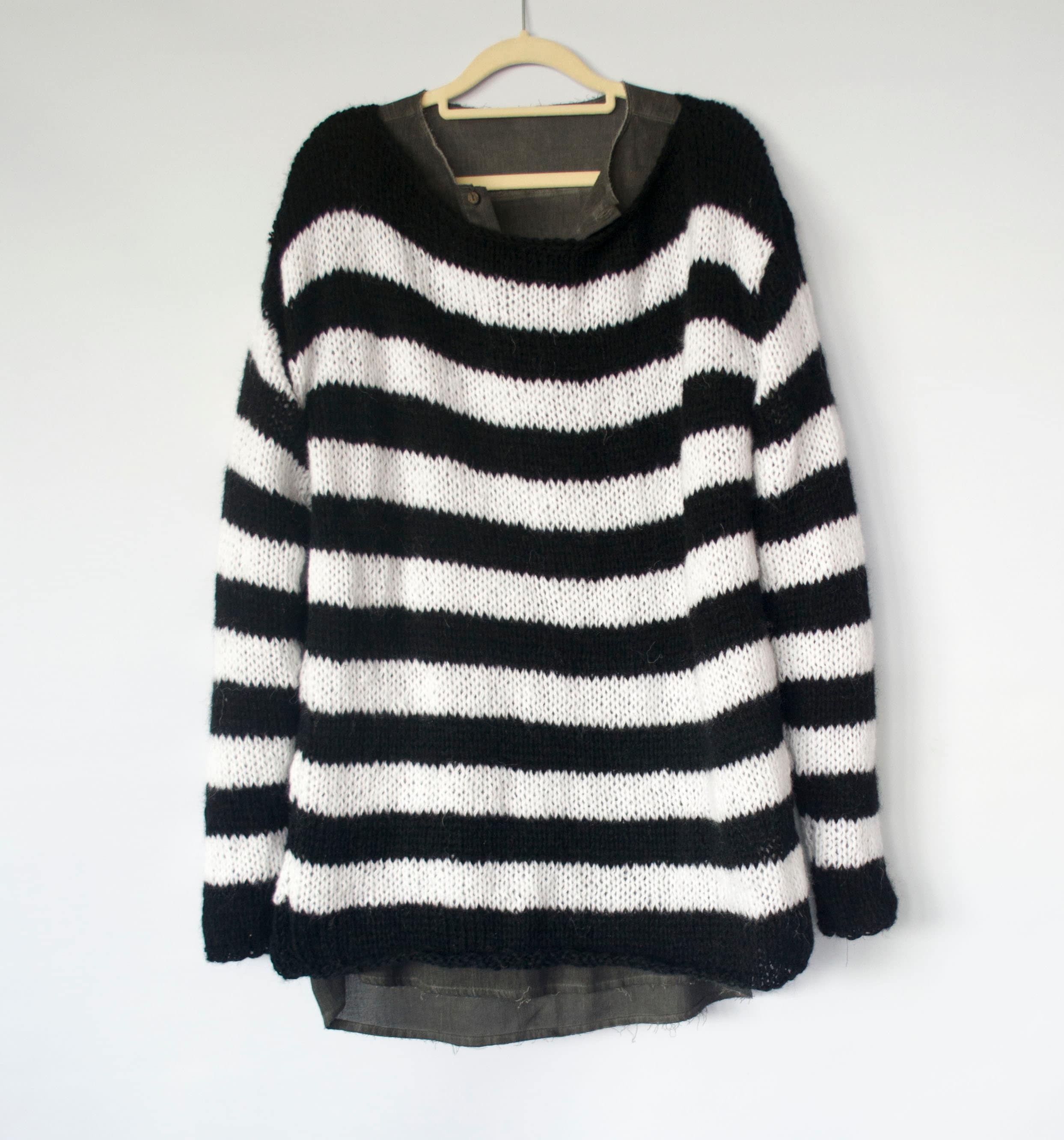Black and White Striped Sweater, Baggy Mohair Jumper, Man Rave