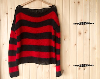 Hand Knit Mohair Sweater, Unisex Nu Goth Black & Red Striped Jumper, 90s Grunge Clothing, Steampunk Style Non Binary Clothing by myAqua