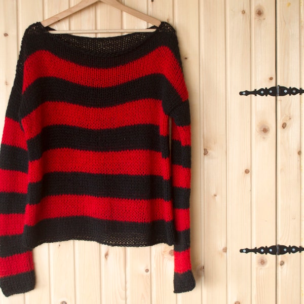 Hand Knit Mohair Sweater, Unisex Nu Goth Black & Red Striped Jumper, 90s Grunge Clothing, Steampunk Style Non Binary Clothing by myAqua