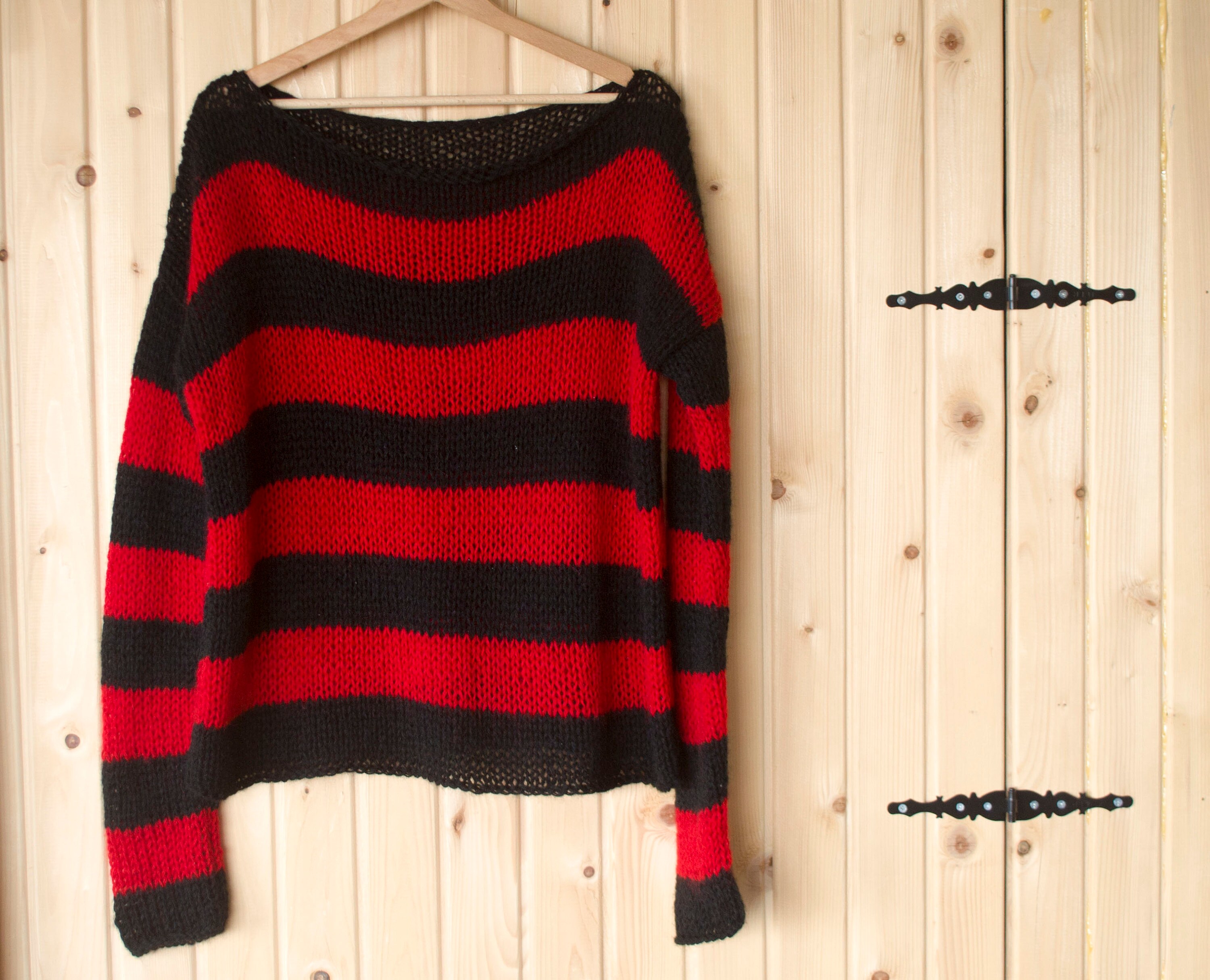 Hand Knit Mohair Sweater Unisex Nu Goth Black Red Striped