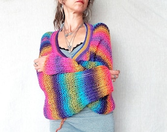 Hand-Knit Rainbow Cardigan, Striped Bolero Shrug – Psychedelic Festival Bolero