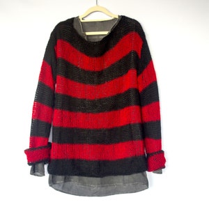 Unisex Mohair Sweater, Red and Black Striped Jumper, Red Striped ...