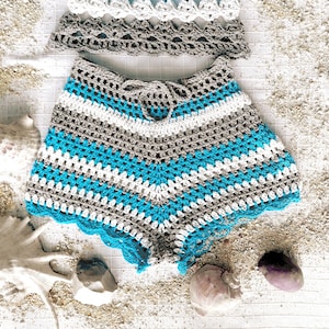 Crochet Summer Shorts, Boho Festival Beachwear, Handmade Striped Crochet Hot Pants, Cottagecore Hippie Yoga Shorts, Fairycore Lounge Shorts