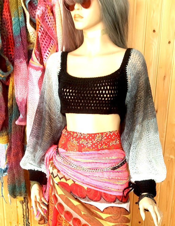 Black Crochet Bolero, Ombre Gray White Puff Sleeve Layering Top