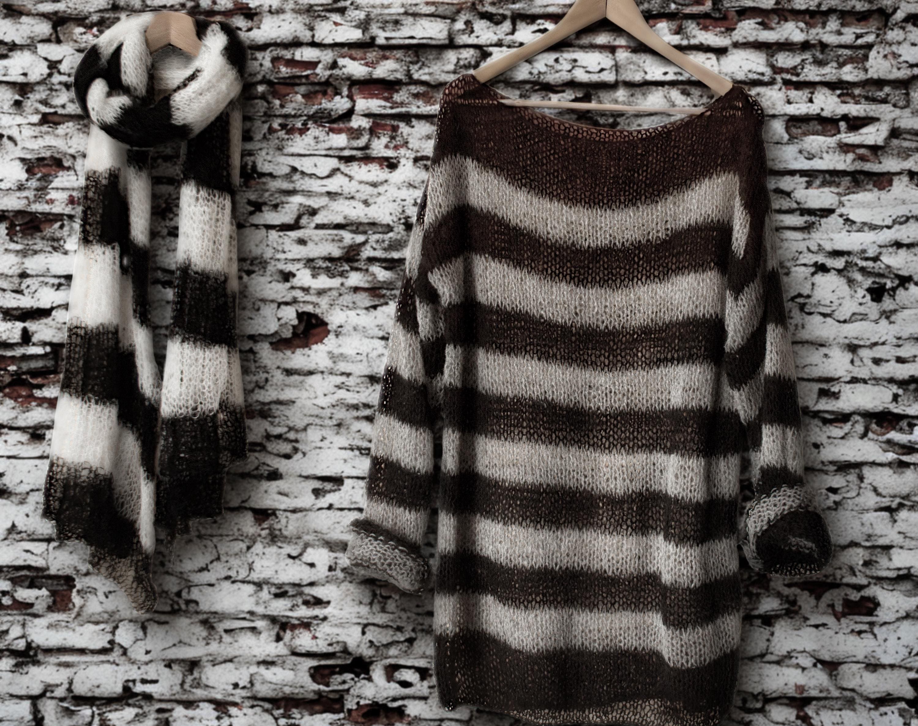 Black and Gray Striped Knit Top, Oversized Emo Sweater, Punk