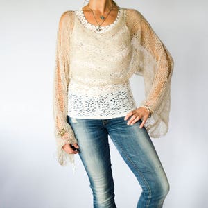 Boho Beige Cropped Sweater Loose Knit Mohair Shrug with Large Bell Sleeves Sheer Mohair Sweater Stylish See Through Knitwear by myAqua image 6