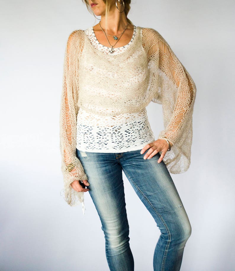 Boho Beige Cropped Sweater Loose Knit Mohair Shrug with Large Bell Sleeves Sheer Mohair Sweater Stylish See Through Knitwear by myAqua image 6