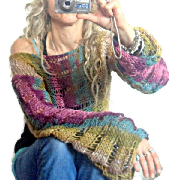 Multicolor Hand Knit Cropped Sweater, Short Sweater with Long Bell Sleeves, Ecru Teal Pink Khaki, Apocalyptical Earthly Colors, Hippie Boho