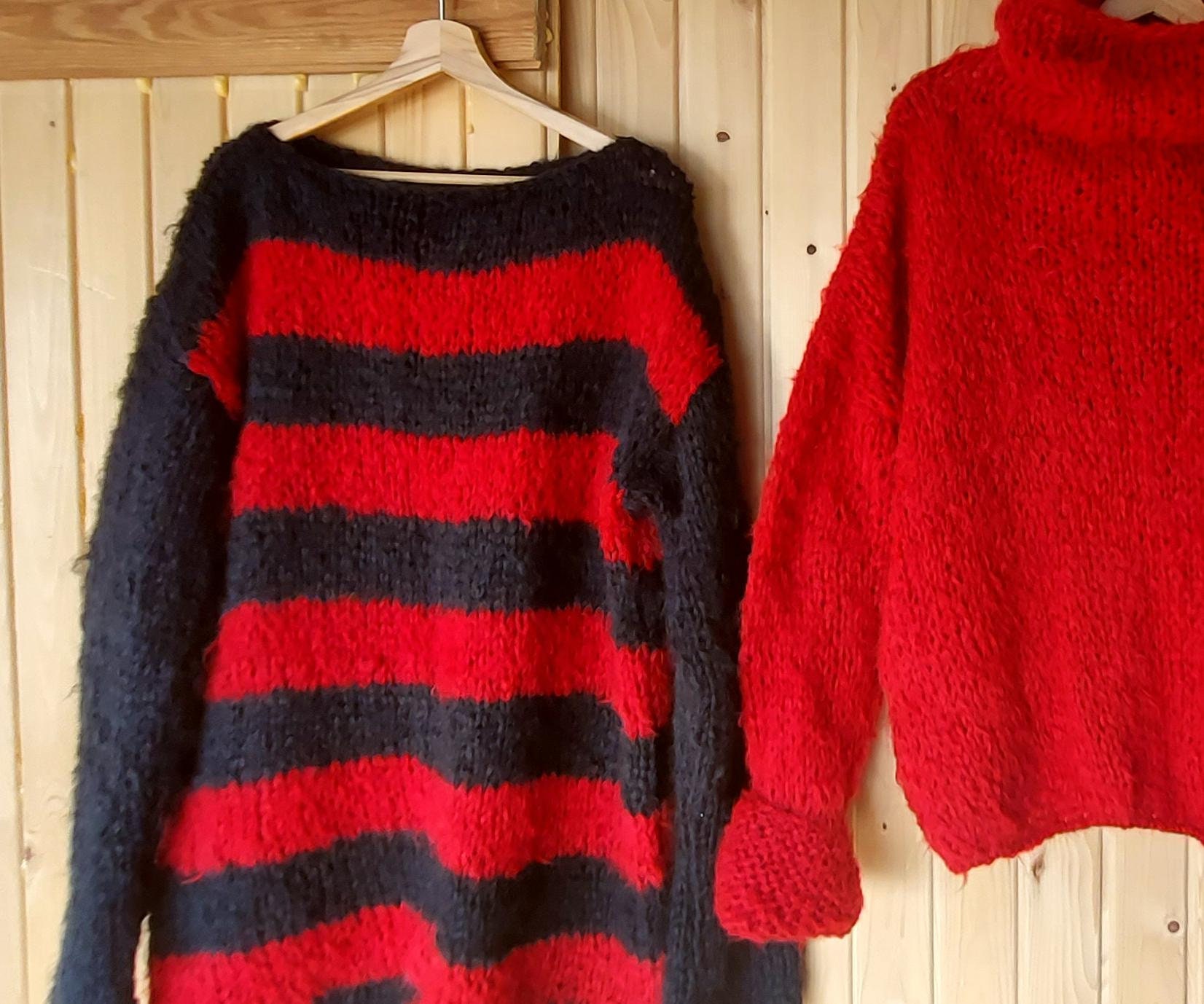 トップス layered punk grunge mohair knit sweater Red Black Striped Grunge Pullover, Punk Mohair Sweater With