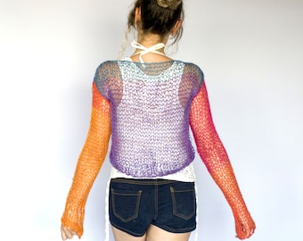 Colorful Mohair Sweater, Sheer Knit Top, Long Sleeve Crop Top, Mesh Knit Holey Sweater, Rainbow Mermaidcore Clothing, Thin Knit Jumper