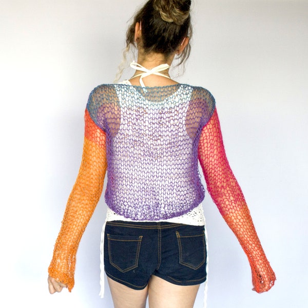 Colorful Mohair Sweater, Sheer Knit Top, Long Sleeve Crop Top, Mesh Knit Holey Sweater, Rainbow Mermaidcore Clothing, Thin Knit Jumper