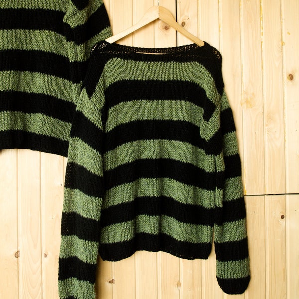 Gestreifter Pullover, Uniform Grün und Schwarz Gestreifter Pullover, Grunge Grün Gestreifter Pullover, Punk Mohair Pullover, Handgestrickter Mohair Pullover