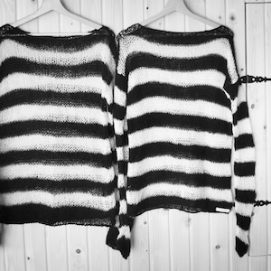 Black and White Stripey Sweater, Grunge Shirt with Stripes, See Through Hand-knit Goth Sweater, Punk Mohair Sweater by myAqua
