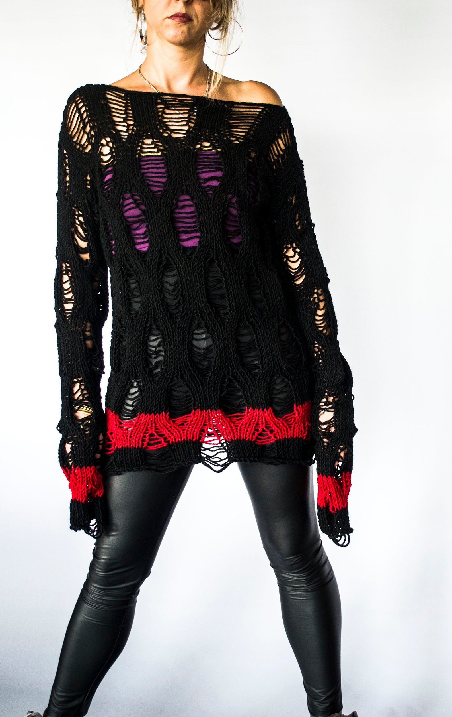 Punk Sweater with Black and Red Stripes Unisex Ripped Sweater Etsy