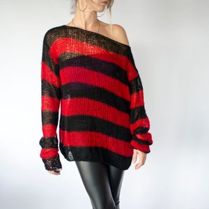 Red and Black Mohair Sweater, Unisex Knit Top, Striped Jumper, 90s Grunge, Punk, Rave, by myAqua image 4