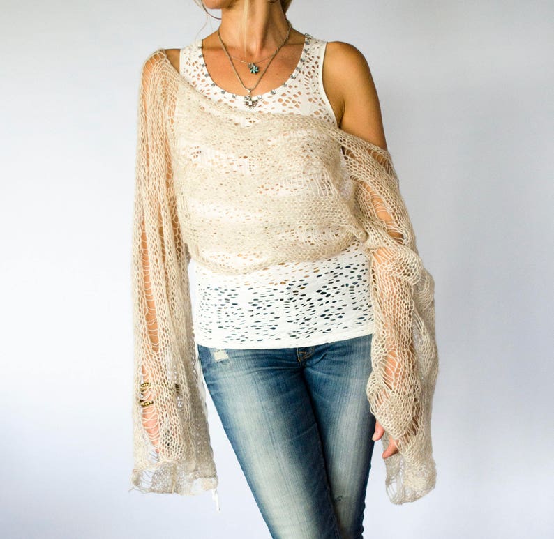 Boho Beige Cropped Sweater Loose Knit Mohair Shrug with Large Bell Sleeves Sheer Mohair Sweater Stylish See Through Knitwear by myAqua image 4